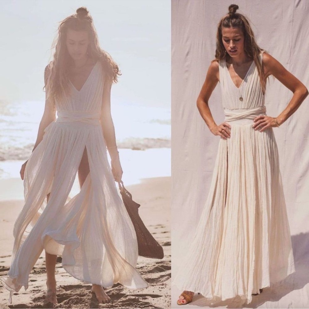 Jen's Pirate Booty Cream Pleated V-Neck Maxi Dress